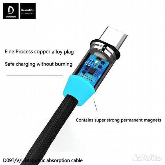 Кабель магнитный denmen D09T type-C 2.4A BK