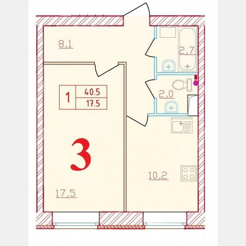 1-к. квартира, 40,5 м², 1/9 эт.