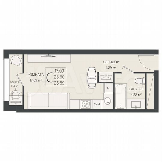 Квартира-студия, 26,9 м², 5/17 эт.