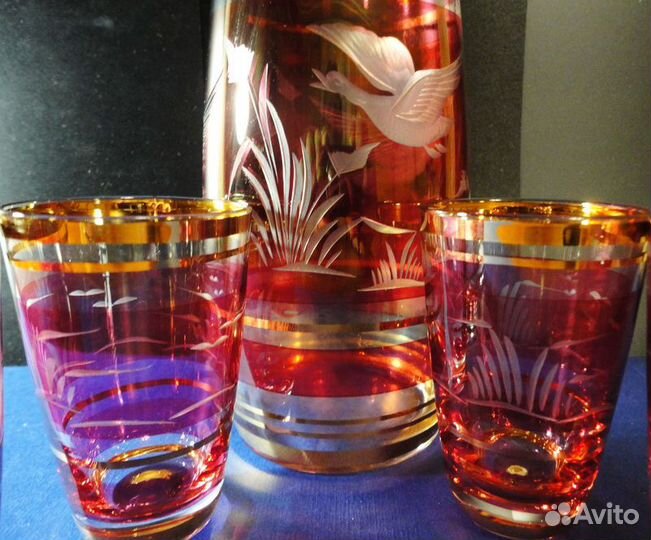 Богемия 1970г графин и 6 бокалов Ручная гравировка