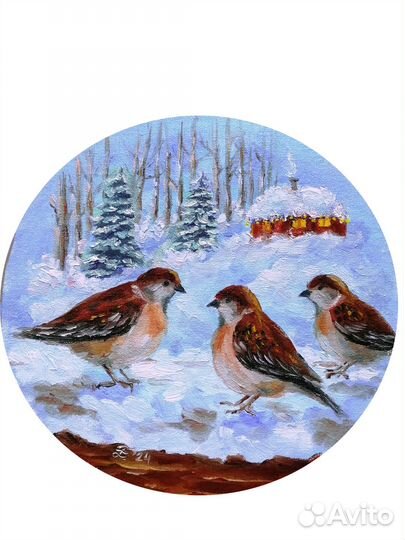 Воробушки Картина маслом в гипсовой раме. Птицы