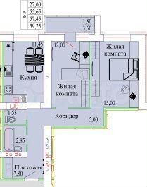 2-к. квартира, 59,3 м², 3/9 эт.