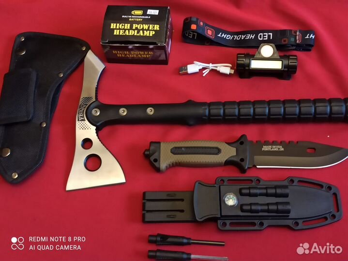 Набор туристический, топор, нож, фонарь, огниво