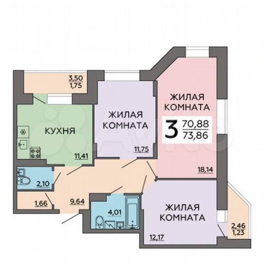 3-к. квартира, 74 м², 2/17 эт.