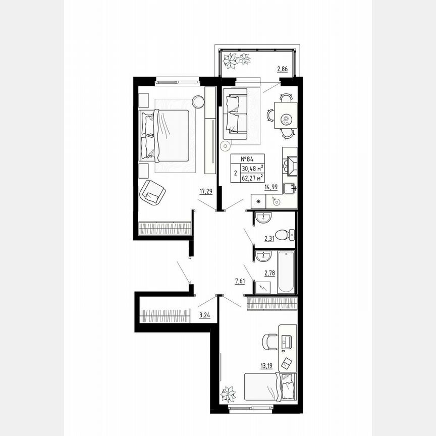 2-к. квартира, 62,3 м², 2/4 эт.
