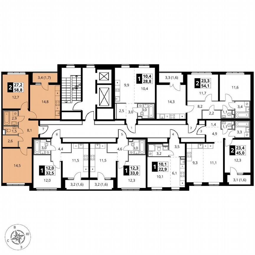 2-к. квартира, 58,8 м², 2/14 эт.