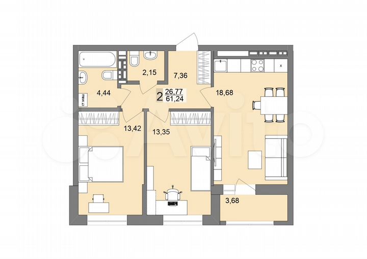 2-к. квартира, 61,2 м², 13/19 эт.