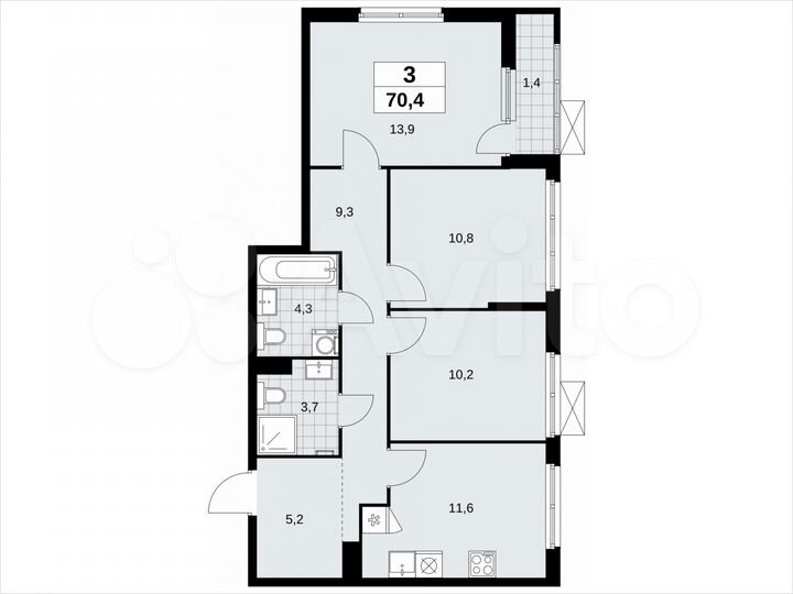 3-к. квартира, 70,4 м², 7/11 эт.