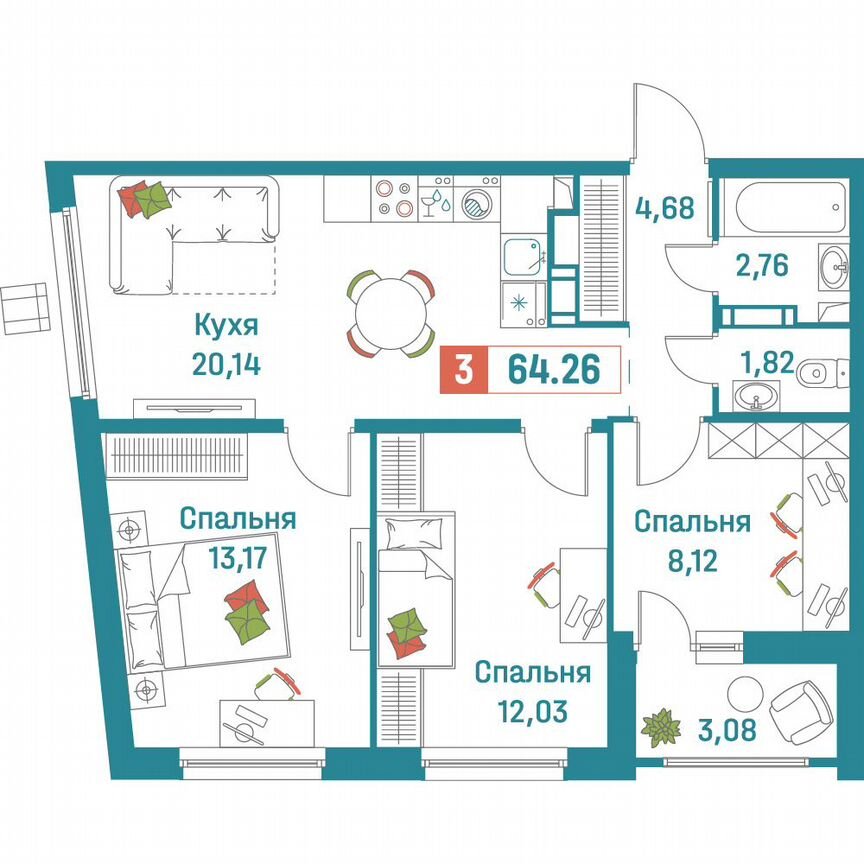 3-к. квартира, 64,3 м², 5/18 эт.