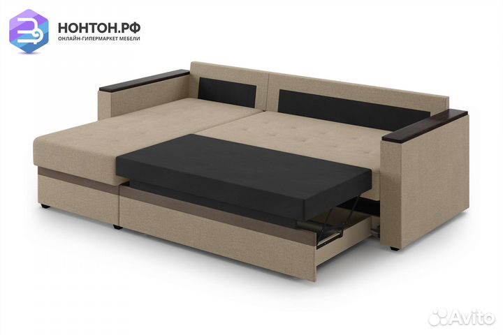 Угловой диван дельфин Атланта Лайт бежевый / корич