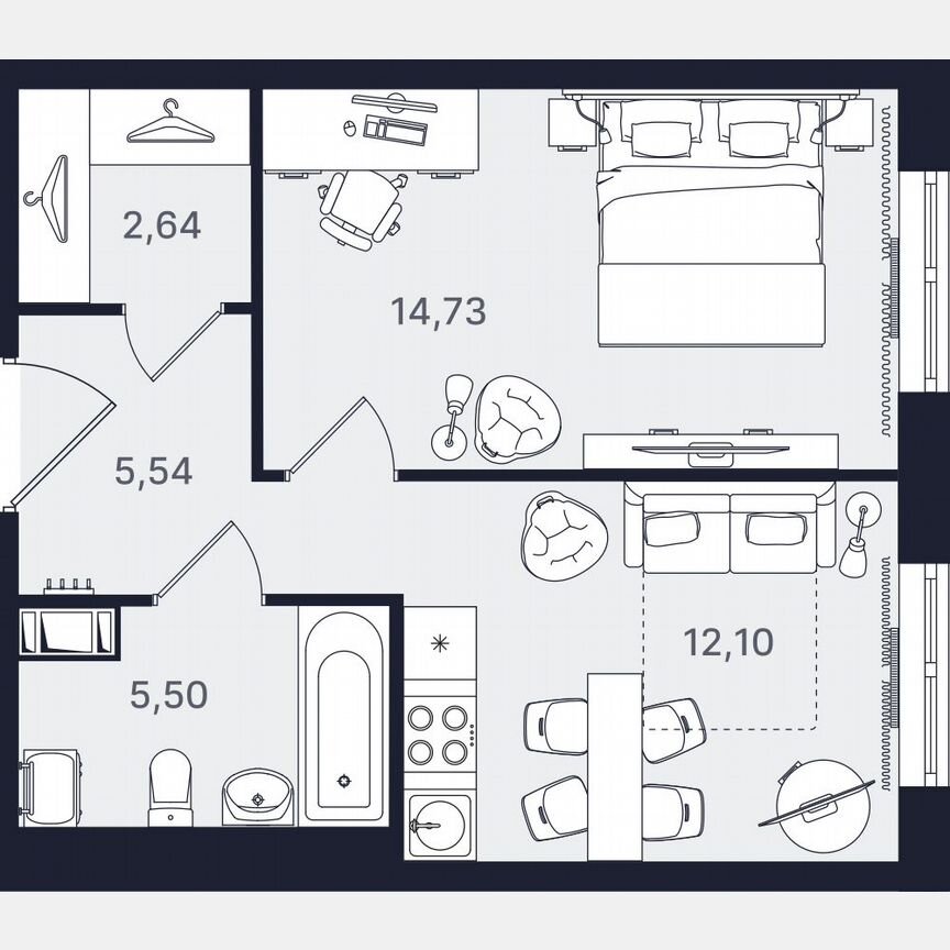 1-к. апартаменты, 40,5 м², 19/24 эт.