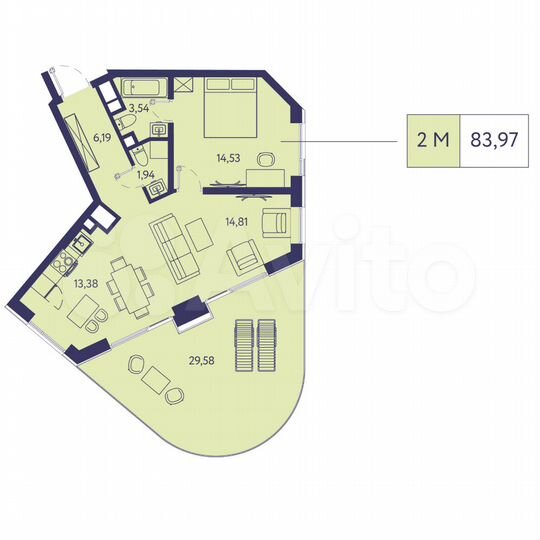 2-к. квартира, 84 м², 5/20 эт.