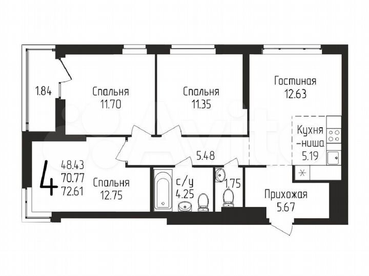 4-к. квартира, 72,6 м², 18/25 эт.