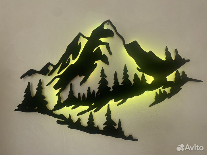 Картина панно деревянное «горы» с подсветкой