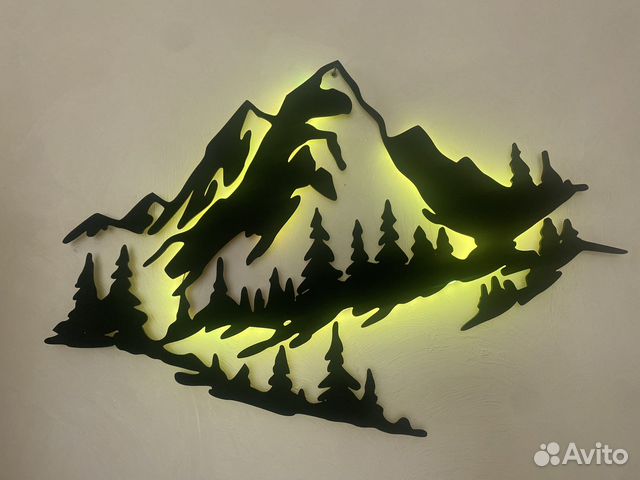 Картина панно деревянное «горы» с подсветкой