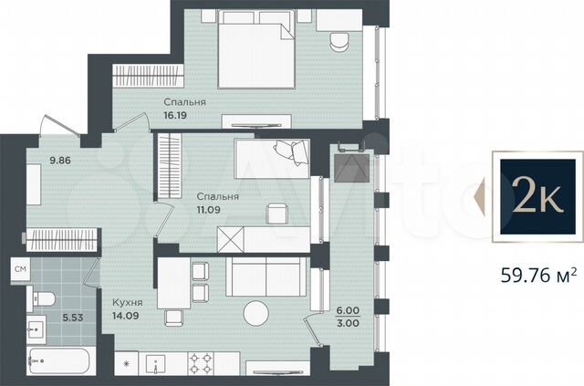 2-к. квартира, 59,8 м², 9/24 эт.