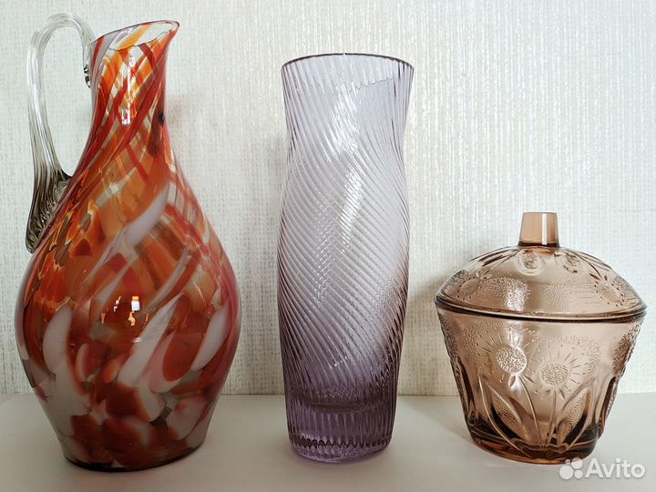Кувшин и сахарница из цветного стекла СССР