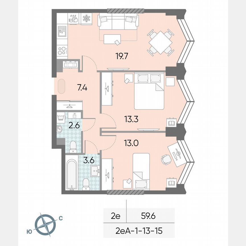 2-к. квартира, 59,6 м², 13/43 эт.