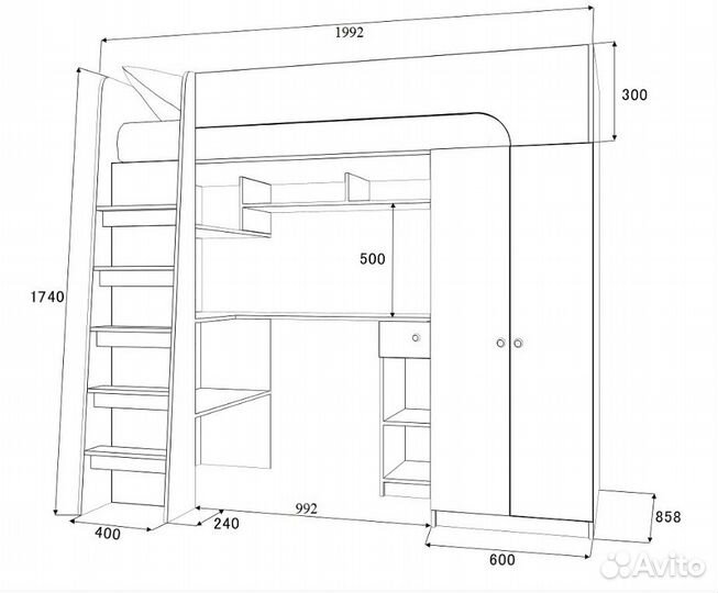 Кровать чердак со столом и шкафом Белый/Розовый