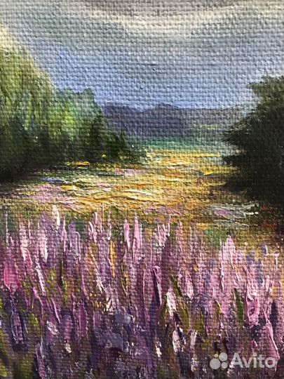 Картина пейзаж маслом на холсте лавандовая гроза