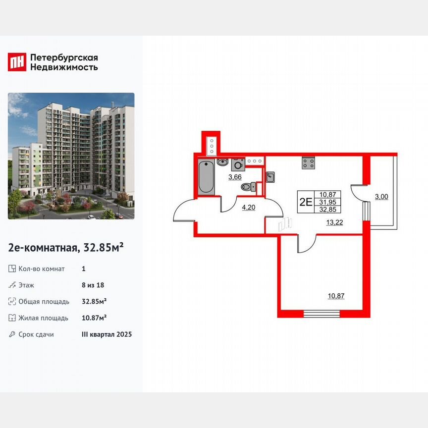 1-к. квартира, 32,9 м², 8/18 эт.