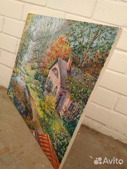 Картина маслом 50х60 см,Осень в горах с водопадом