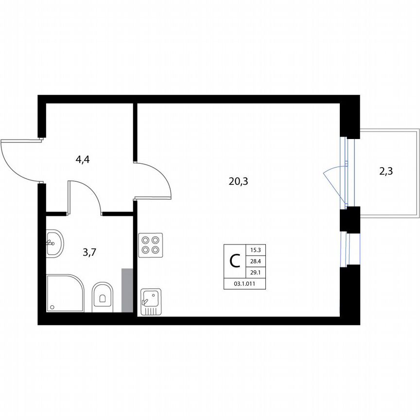Квартира-студия, 29,1 м², 2/3 эт.