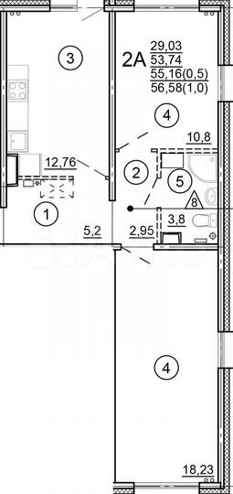 2-к. квартира, 56,6 м², 5/17 эт.