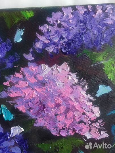 Картина маслом сирень/ голубые цветы
