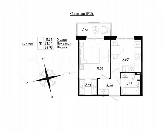 1-к. квартира, 32,9 м², 2/5 эт.