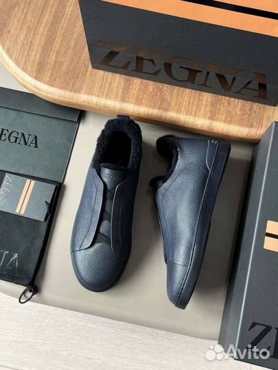 Кеды Ermenegildo Zegna triple stitch мех синие