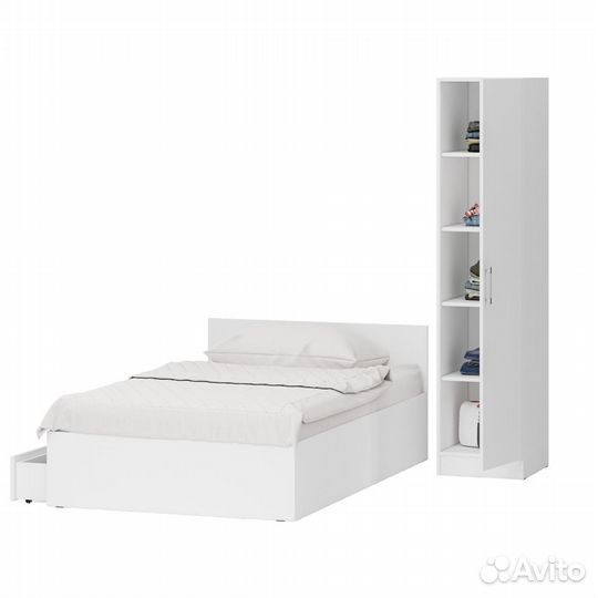 Кровать белая односпальная с ящиками 1200 с пеналом Стандарт, цвет белый, спальное место 1200х2000 м