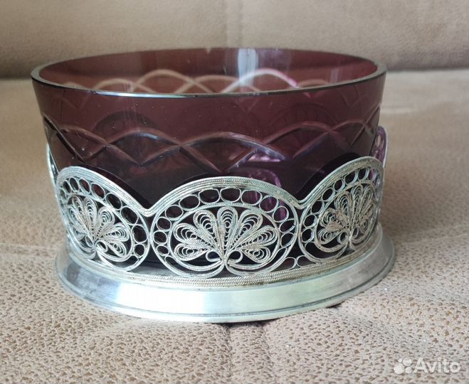 Ваза мельхиор цветное марганцевое стекло скань