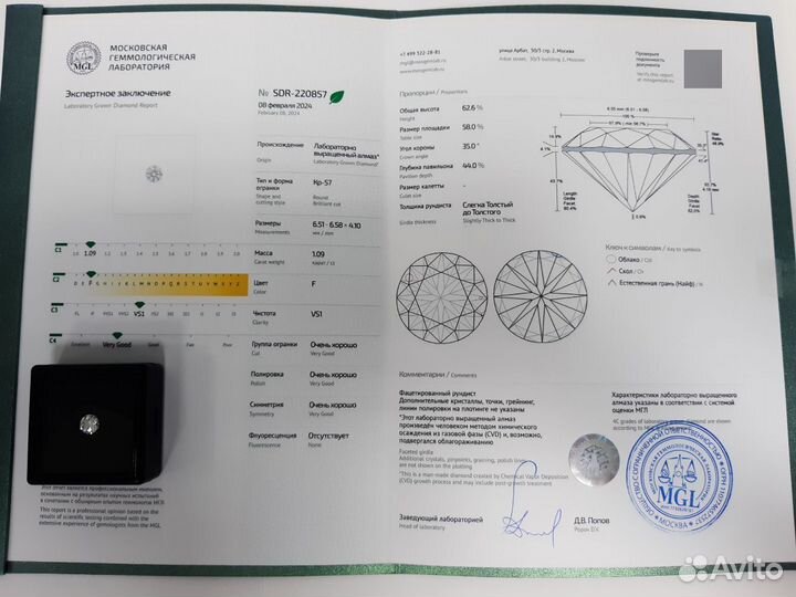Бриллиант кр-57. Масса 1,09 кар. SDR-220857