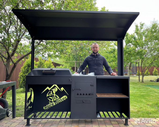 Мангал с печью под казан и крышей с завода