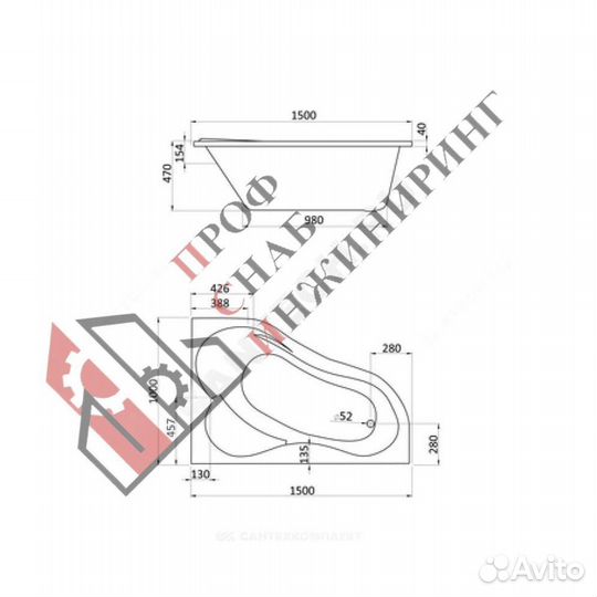 Ванна акриловая Ибица R 150х100см без ножек правос