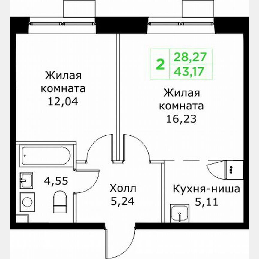 2-к. квартира, 43,2 м², 19/25 эт.
