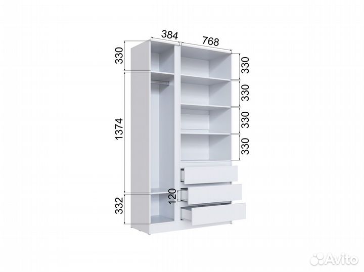 Шкаф 3-х створчатый с ящиками Белый