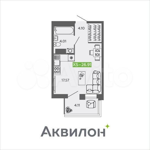 Квартира-студия, 26,9 м², 3/9 эт.
