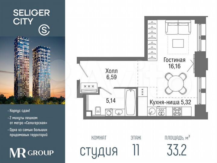 Квартира-студия, 33,2 м², 11/36 эт.