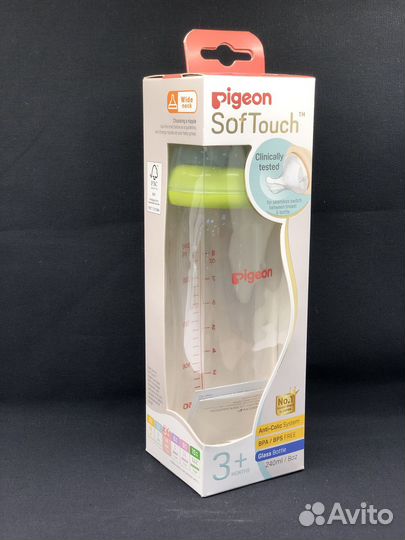 Бутылочка для кормления, стекло, 240 мл, 3+ Pigeon