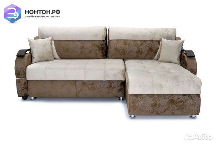 Диван угловой тик-так Дублин бежевый / коричневый