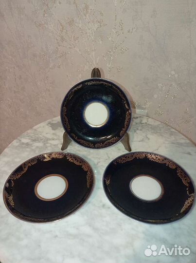 Блюдце и чашки кобальт лфз, позолота Дулево