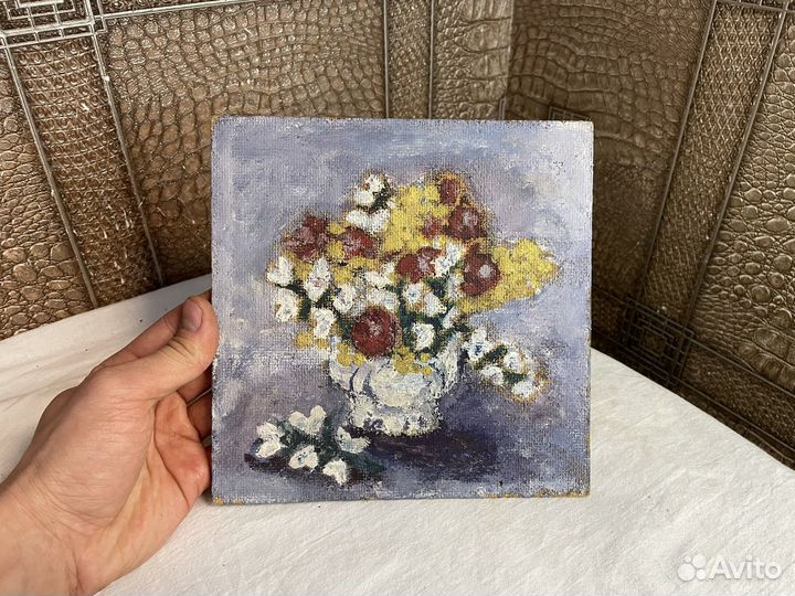 Картина маслом 1990 год цветы ретро панно