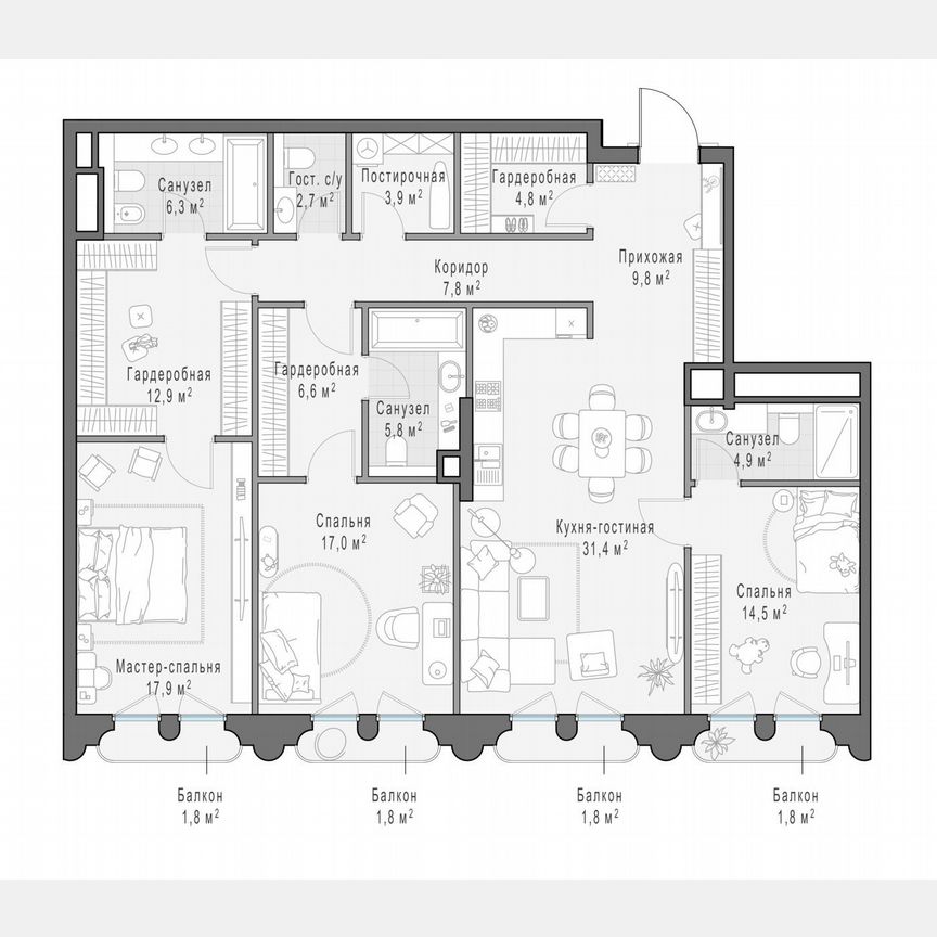3-к. квартира, 148,2 м², 8/13 эт.