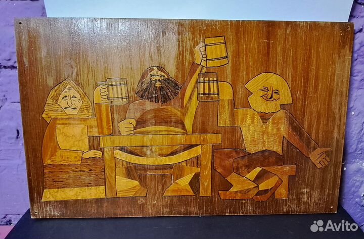 Панно Застолье, интарсия, дерево