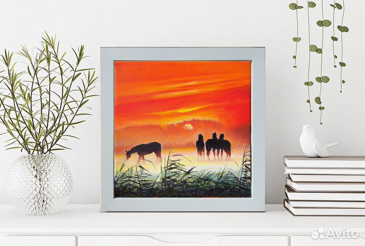 Картина маслом. Лошадки на рассвете. Пейзаж