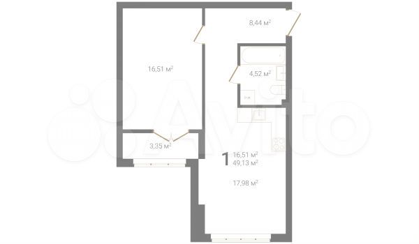 1-к. квартира, 49,1 м², 2/23 эт.