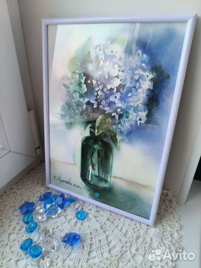 Картина цветы гортензия акварелью
