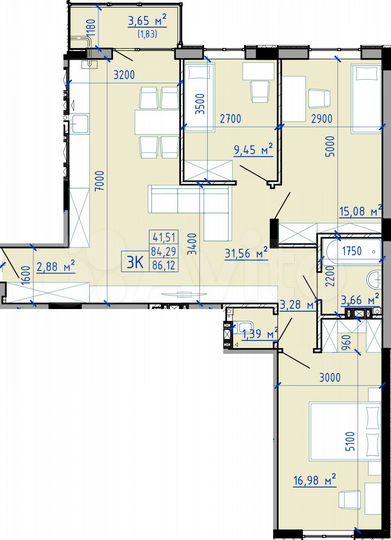 3-к. квартира, 86,1 м², 8/9 эт.